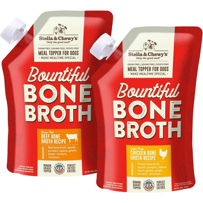 Stella & Chewy's Bountiful Bone Broth Grass-Fed Beef And Cage-Free Chicken Recipe Meal Topper Bundle For Dogs, Two Sixteen Ounce Resealable Pouches