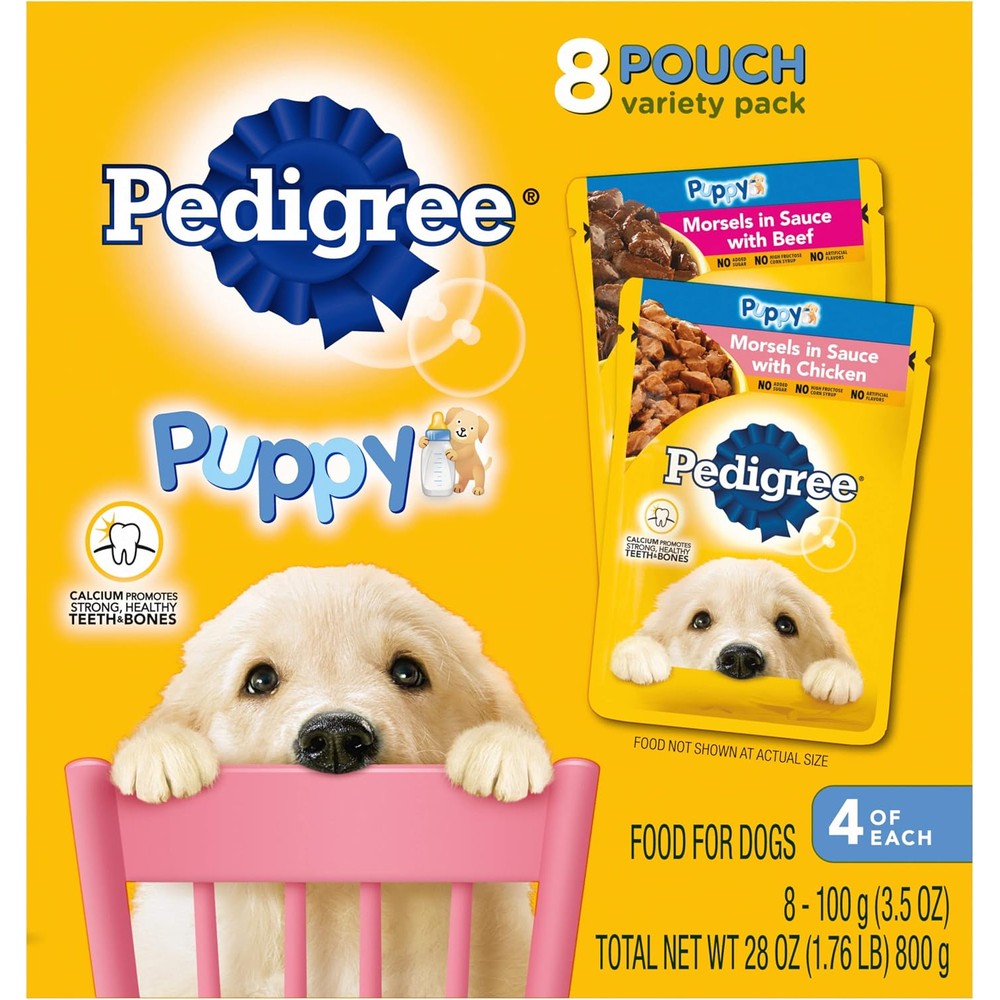 Pedigree Puppy Soft Wet Dog Food Variety Pack With Chicken And Beef Morsels In Sauce 3.5 Ounce Pouches 8 Count Pack