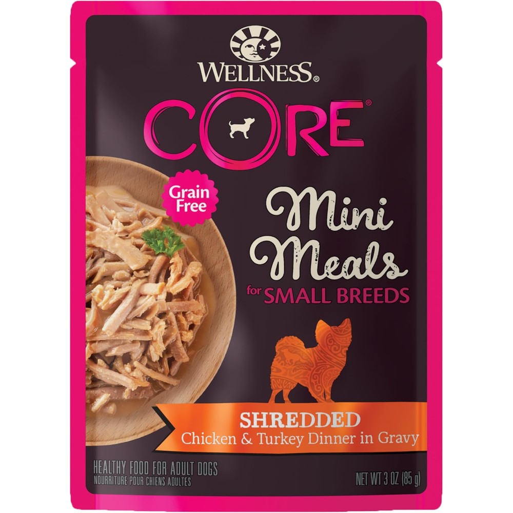 Wellness Core Small Breed Mini Meals Shredded Chicken And Turkey Dinner In Gravy Adult Wet Dog Food 3 Ounce Pouch Pack Of 12