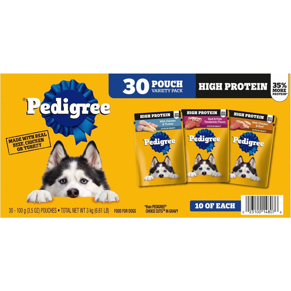 Pedigree High Protein Adult Wet Dog Food Variety Pack With Real Meat And Poultry 3.5 Ounce Pouches 30 Count