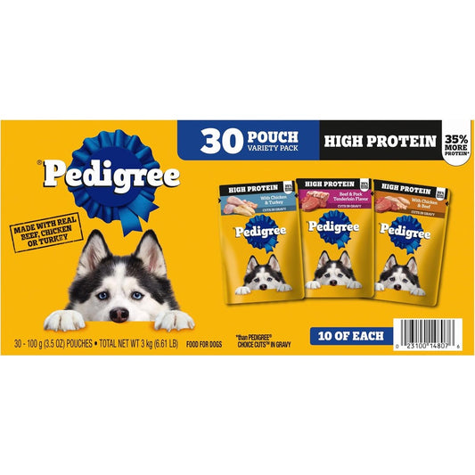 Pedigree High Protein Adult Wet Dog Food Variety Pack With Real Meat And Poultry 3.5 Ounce Pouches 30 Count