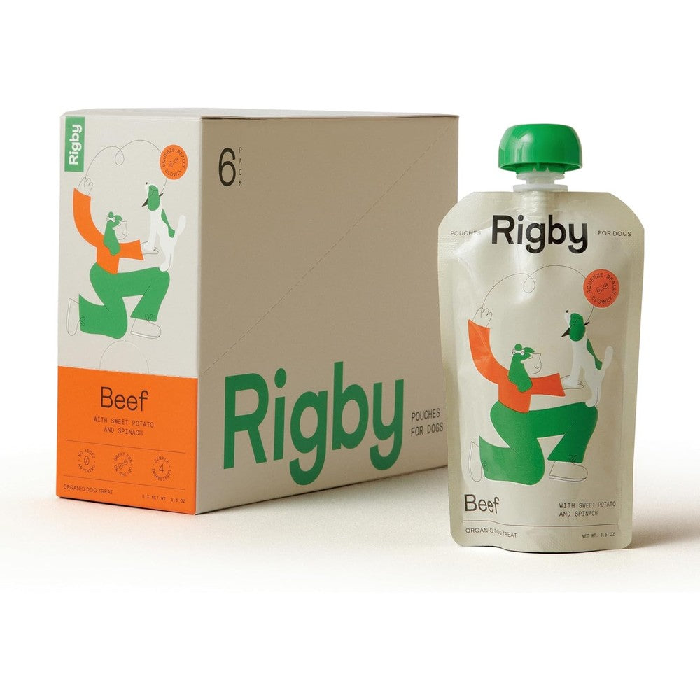 Rigby Organic Grass-Fed Beef Dog Treat Squeeze Pouch For Meal Topping Training Enrichment And Pill Masking With Sweet Potato And Spinach