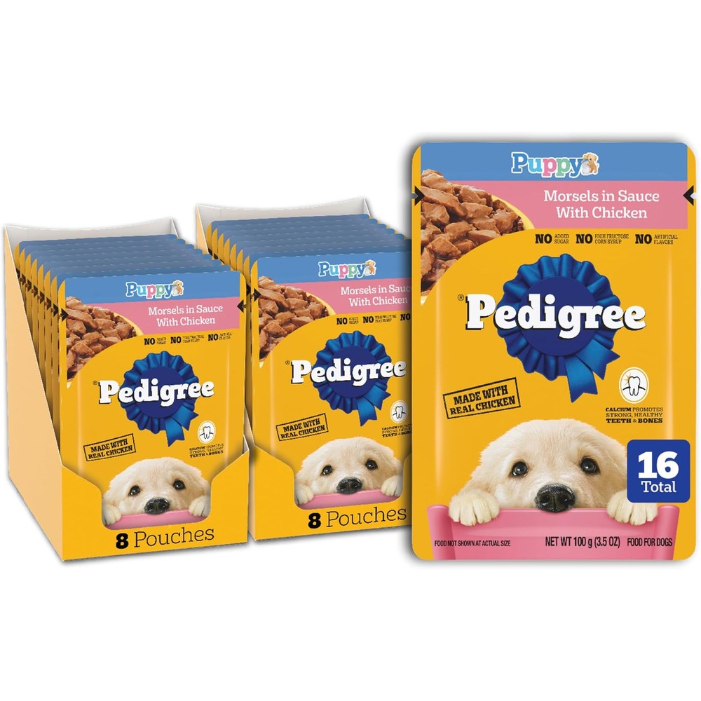 Pedigree Puppy Food Morsels In Sauce Chicken Flavor Wet Dog Food Pouches Sixteen Count 3.5 Ounces Each