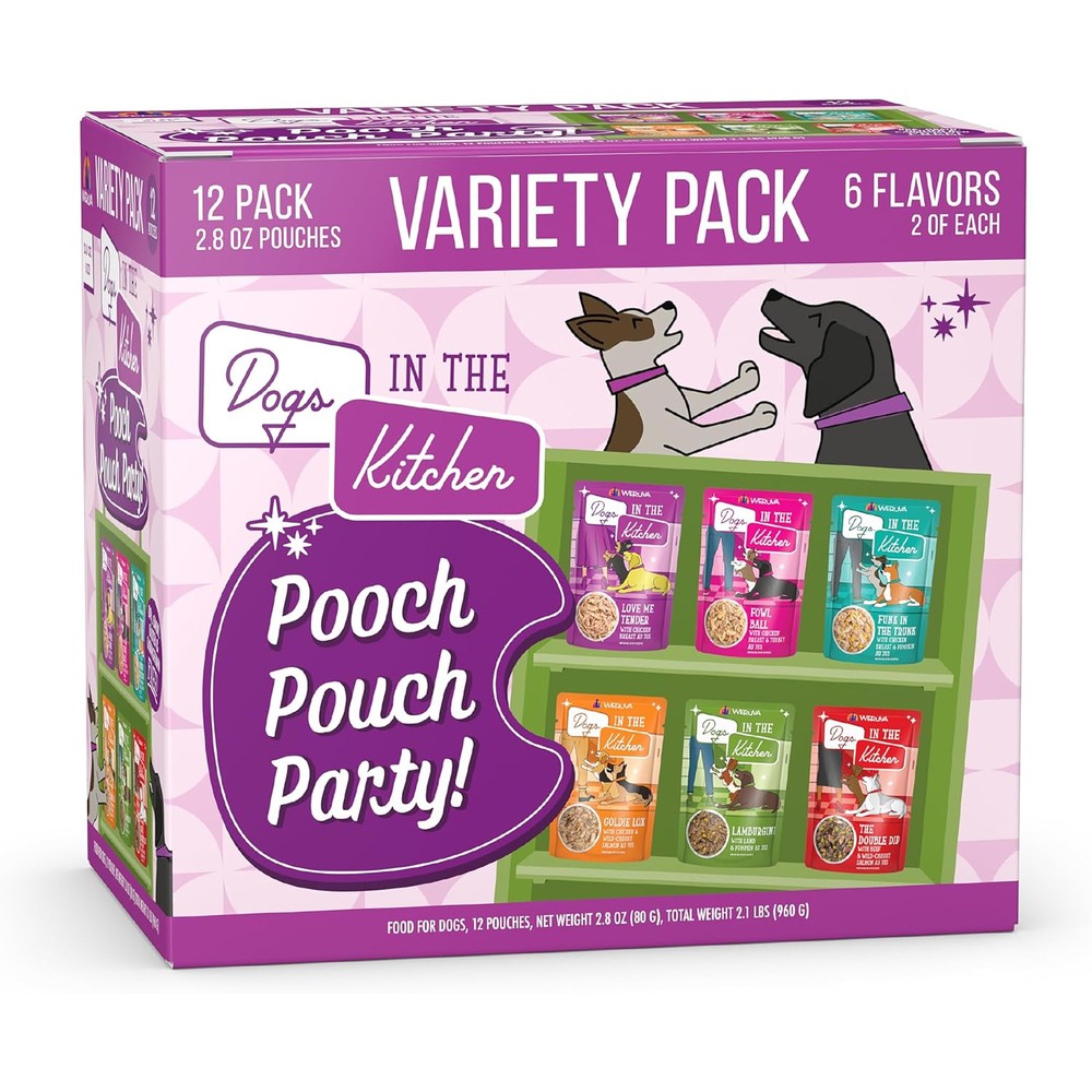 Weruva Dogs In The Kitchen Pooch Pouch Party Variety Pack Wet Dog Food 2.8 Ounce Pouches Pack Of 12