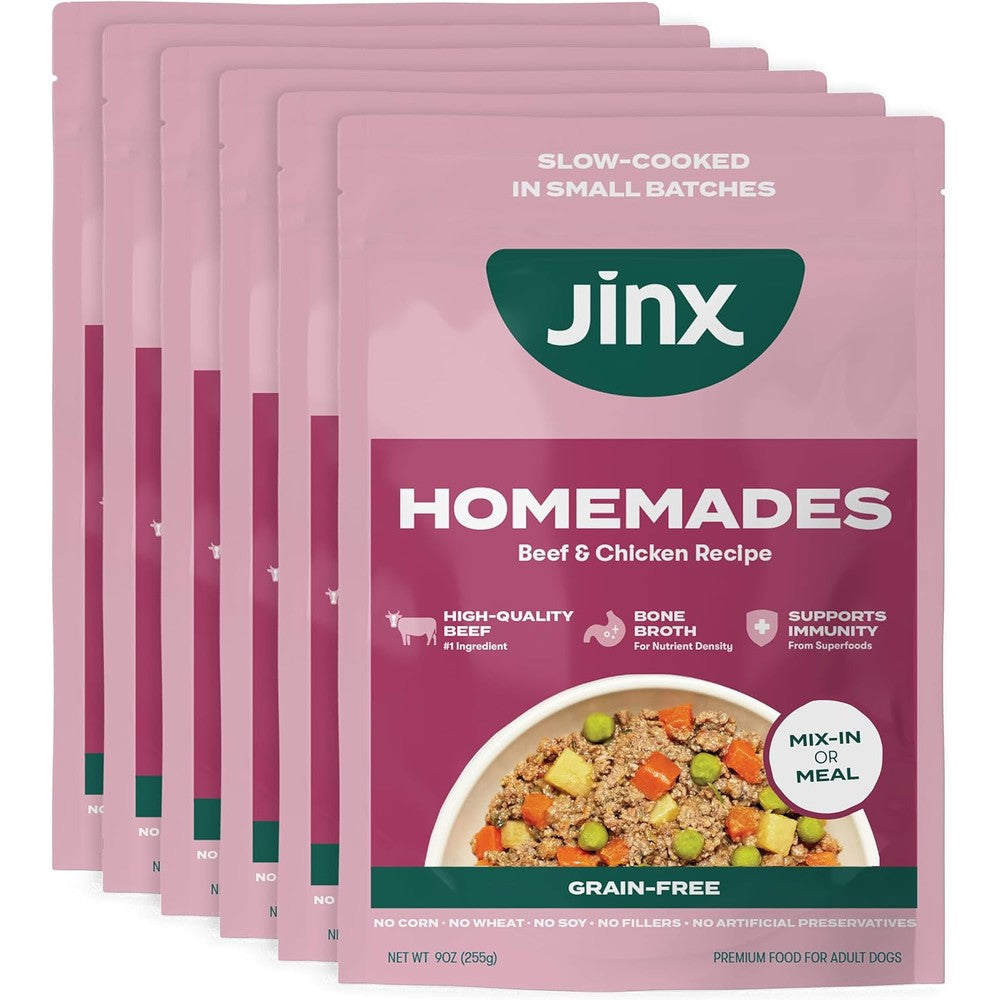 Jinx Beef And Chicken Grain Free Wet Dog Food Pouches Meal Topper For All Life Stages Nine Ounce Six Pack