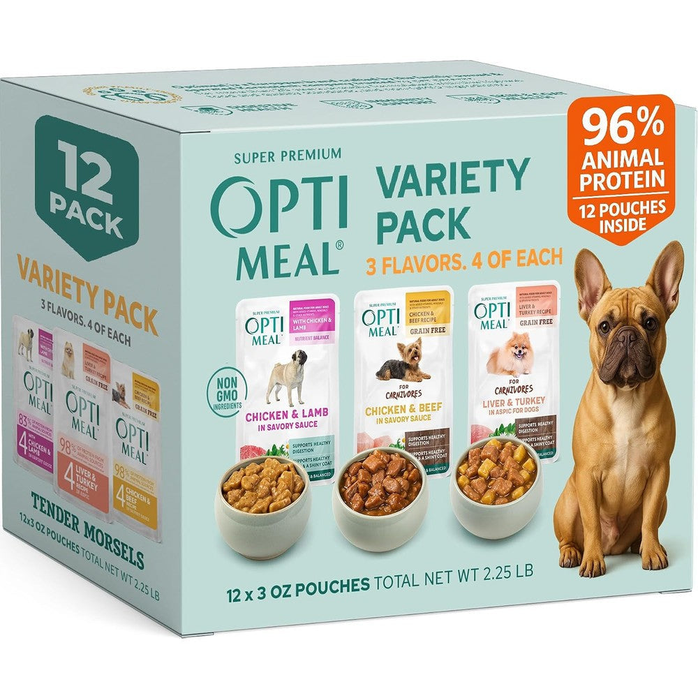 Optimeal Wet Dog Food Small Breed Variety Pack Grain Free Recipe High Protein Tender Morsels In Aspic Pouches Three Ounce Pouch Pack Of Twelve