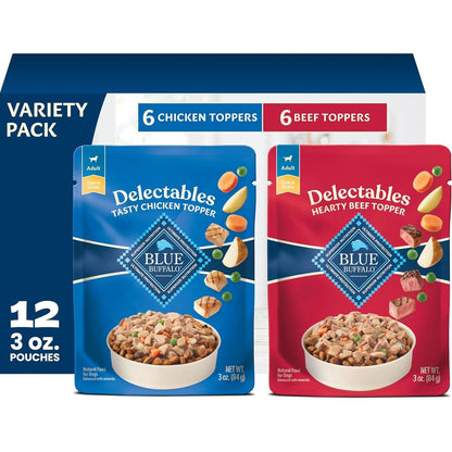 Blue Buffalo Delectables Natural Grain Free Wet Dog Food Topper Variety Pack Tasty Chicken And Hearty Beef Tender Cuts In Gravy 3 Ounce 12 Pouches