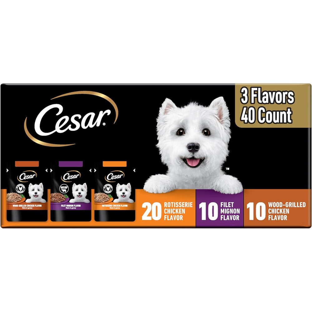 Cesar Filets In Gravy Wet Dog Food Variety Pack Rotisserie Chicken Filet Mignon And Wood Grilled Chicken Flavor 40 Mini Pouches