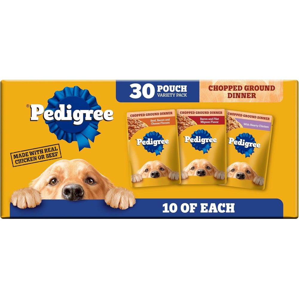 Pedigree Chopped Ground Dinner Adult Wet Dog Food Variety Pack, Beef, Bacon, Cheese, And Chicken Flavors, 3.5 Ounce Pouches, 30 Count