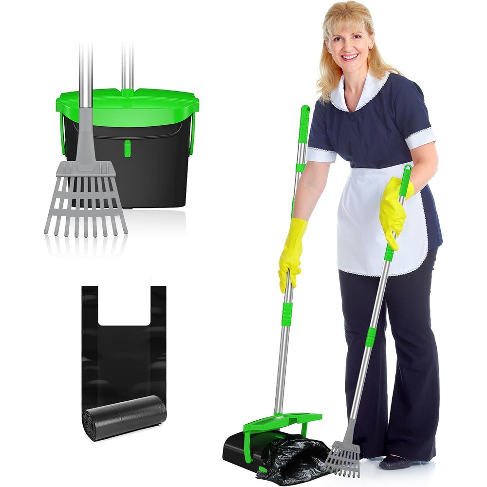 Eocnrhe Pooper Scooper With Bag Attachment Fifty Inches Long Handle Heavy Duty Pet Waste Removal Bin And Rake Set For Large Dogs