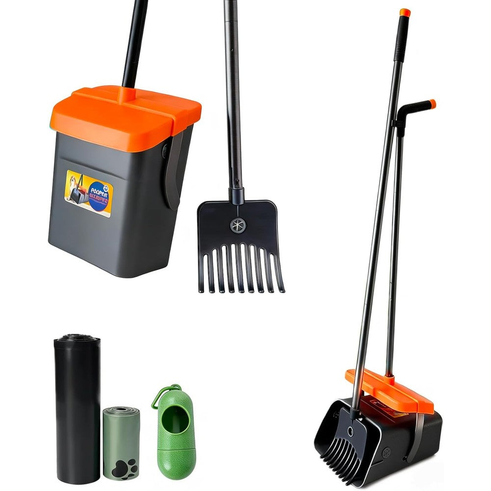 Glowspire Pooper Scooper Swivel Bin And Rake Kit For Large And Small Dogs With Odor Blocking Lid Orange
