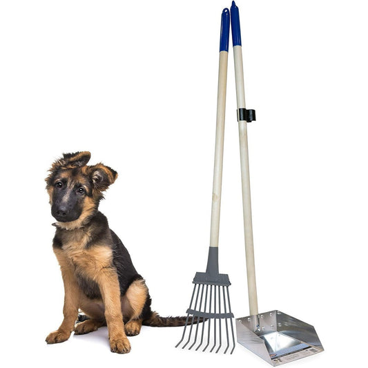 Spotty Wood Handle Pooper Scooper Durable Solid Metal Poop Tray With Rake Thirty Six Point Seventy Five Inch Long Handled Scoop For Dogs
