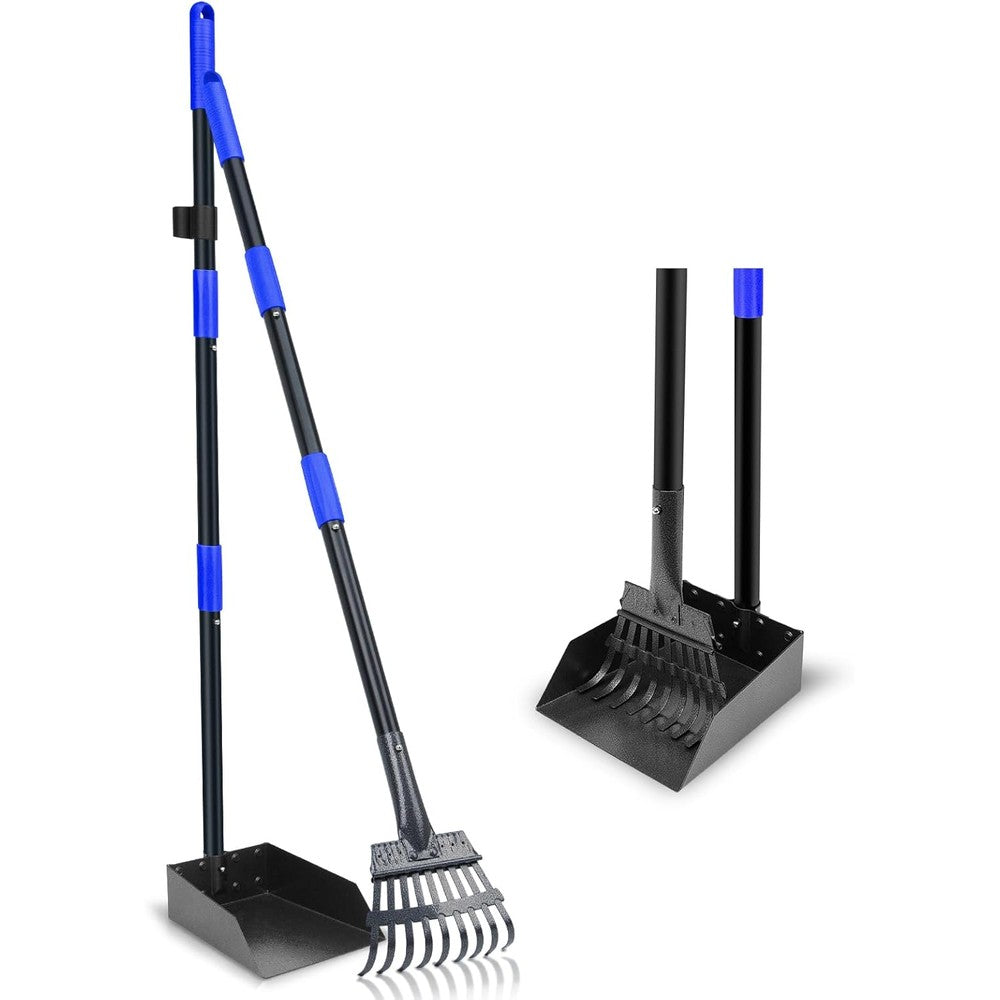 Twocorn Dog Pooper Scooper Tray And Rake Set With Adjustable Stainless Steel Handle Heavy Duty Pet Waste Remover For Small Medium And Large Dogs Blue