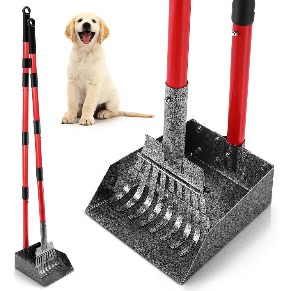 Ormalla Heavy Duty Stainless Steel Dog Pooper Scooper Detachable Long Handle Metal Rake and Tray Set for Pet Waste Removal Red Large