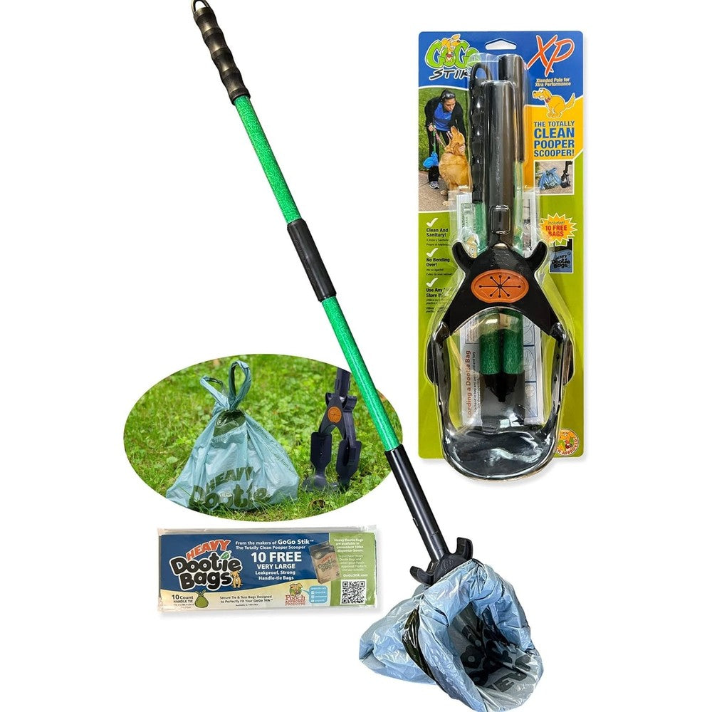 GoGo Stik XP Totally Clean Pro Pooper Scooper Ergonomic Long Handle Pet Waste Cleanup Tool With Ten Heavy Dootie Bags