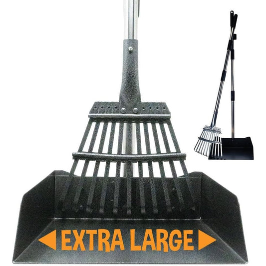 Bodhi Dog Pooper Scooper For Large Dogs Heavy Duty Metal Poop Scoop With Long Handle Tray And Nine Toothed Rake Black