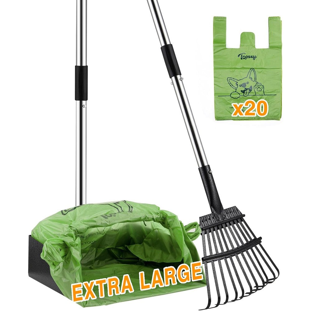Toozey Dog Pooper Scooper For Large Dogs Long Handle Heavy Duty Metal Tray And Rake Set With Waste Bag Holder Includes Twenty Bags