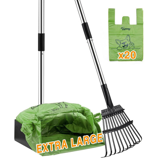 Toozey Dog Pooper Scooper For Large Dogs Long Handle Heavy Duty Metal Tray And Rake Set With Waste Bag Holder Includes Twenty Bags