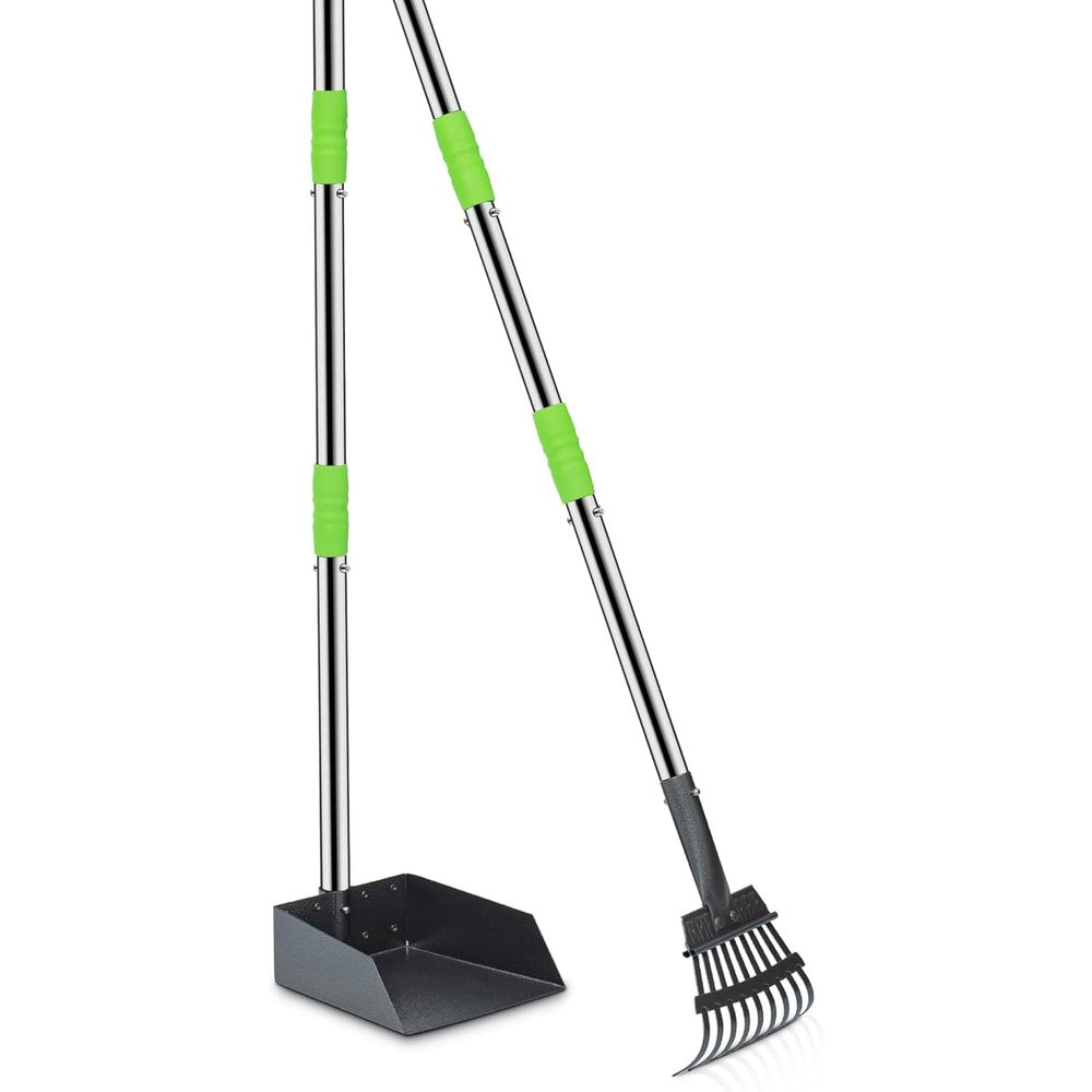 Niubya Pooper Scooper For Dogs Metal Poop Scooper Tray And Rake Set With Adjustable Long Handle For Easy Pet Waste Removal