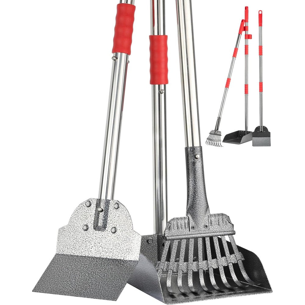 Fusbunty Pooper Scooper Long Handle Dog Poop Scoop Heavy Duty Stainless Steel Rake Tray And Spade Set For Pet Waste Removal Three Piece Pack