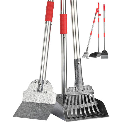 Fusbunty Pooper Scooper Long Handle Dog Poop Scoop Heavy Duty Stainless Steel Rake Tray And Spade Set For Pet Waste Removal Three Piece Pack