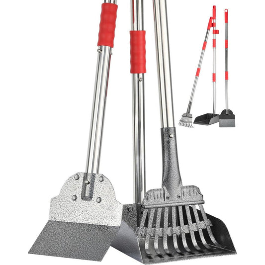 Fusbunty Pooper Scooper Long Handle Dog Poop Scoop Heavy Duty Stainless Steel Rake Tray And Spade Set For Pet Waste Removal Three Piece Pack