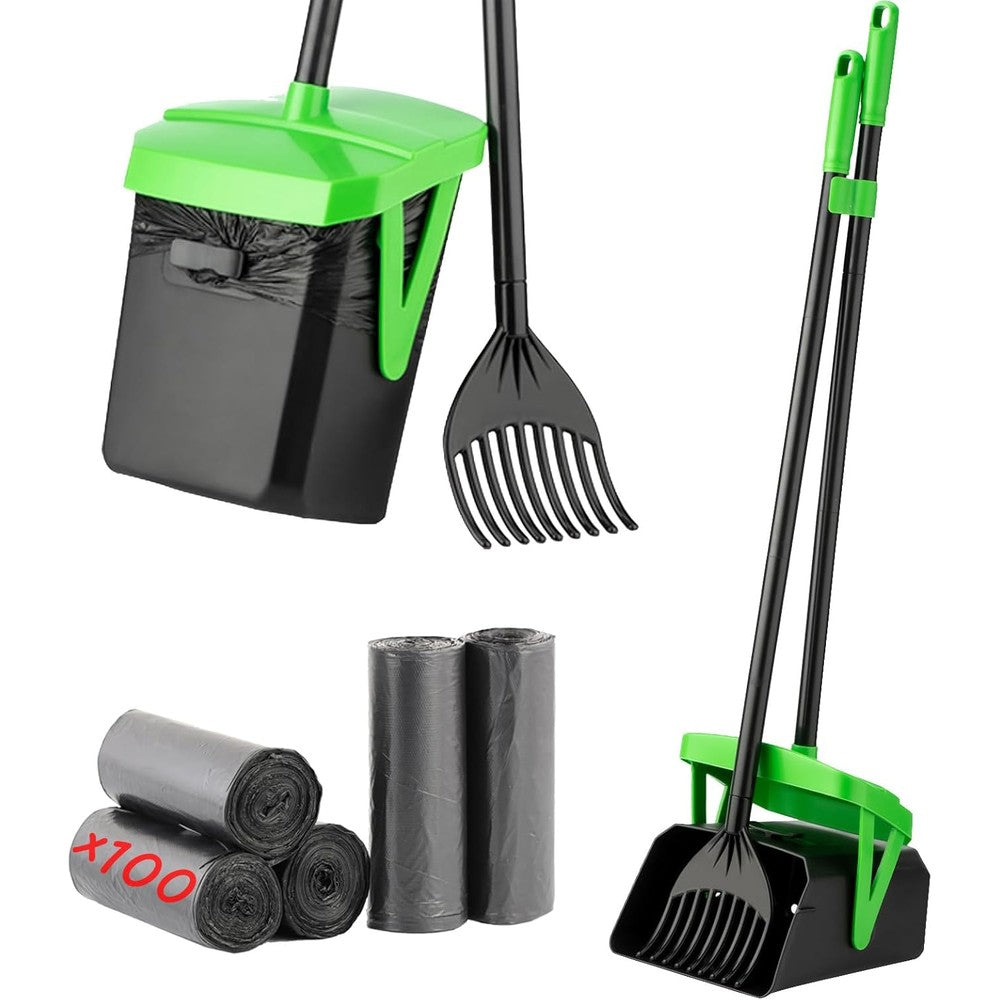 FUSBUNTY Pooper Scooper Swivel Bin And Rake Set With One Hundred Waste Bags For Large Medium And Small Dogs