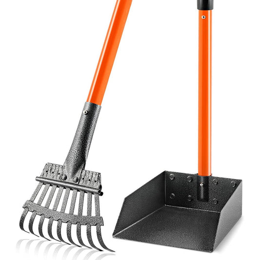 ROIUBPO Long Handle Dog Pooper Scooper Heavy Duty Stainless Steel Metal Tray And Rake Set For Medium And Small Pets Heavy Duty Waste Remover