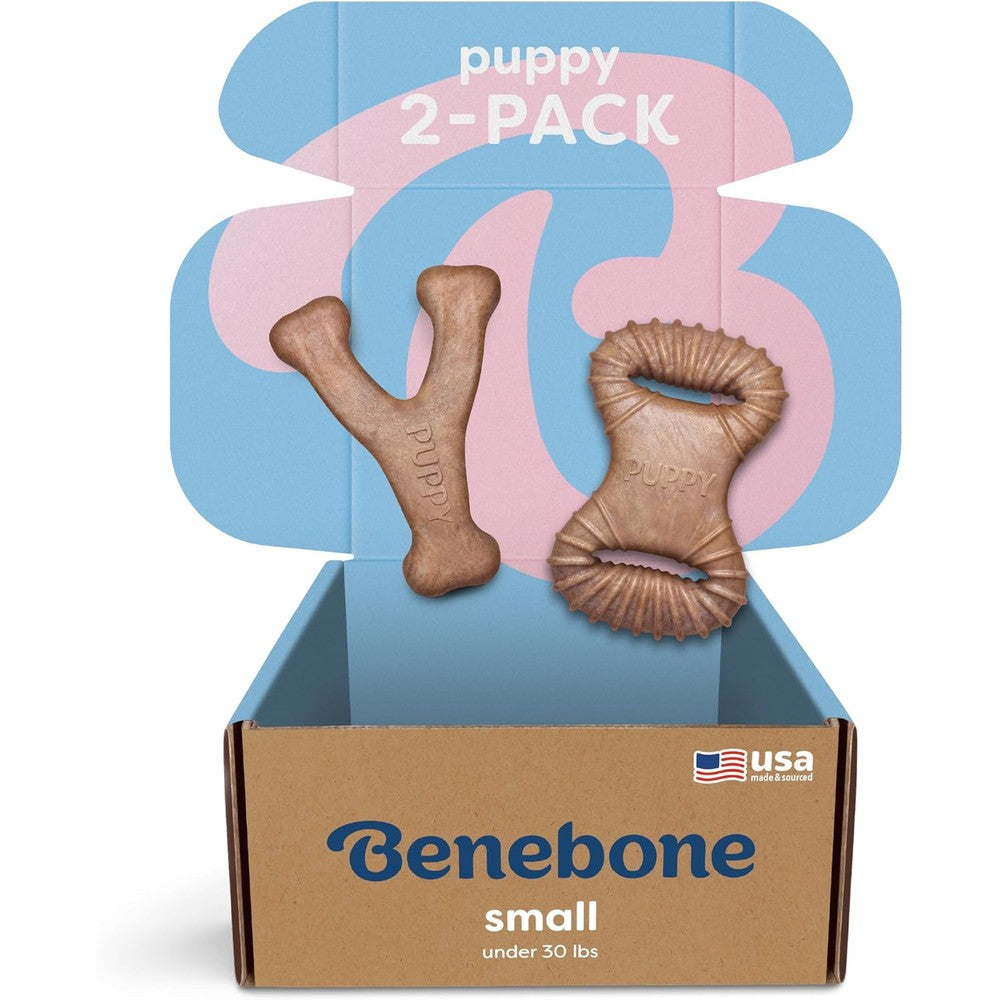 Benebone Puppy 2-Pack Dental Chew And Wishbone Small Size Durable Nylon Dog Toy With Real Bacon Flavor For Teething Puppies Made In USA