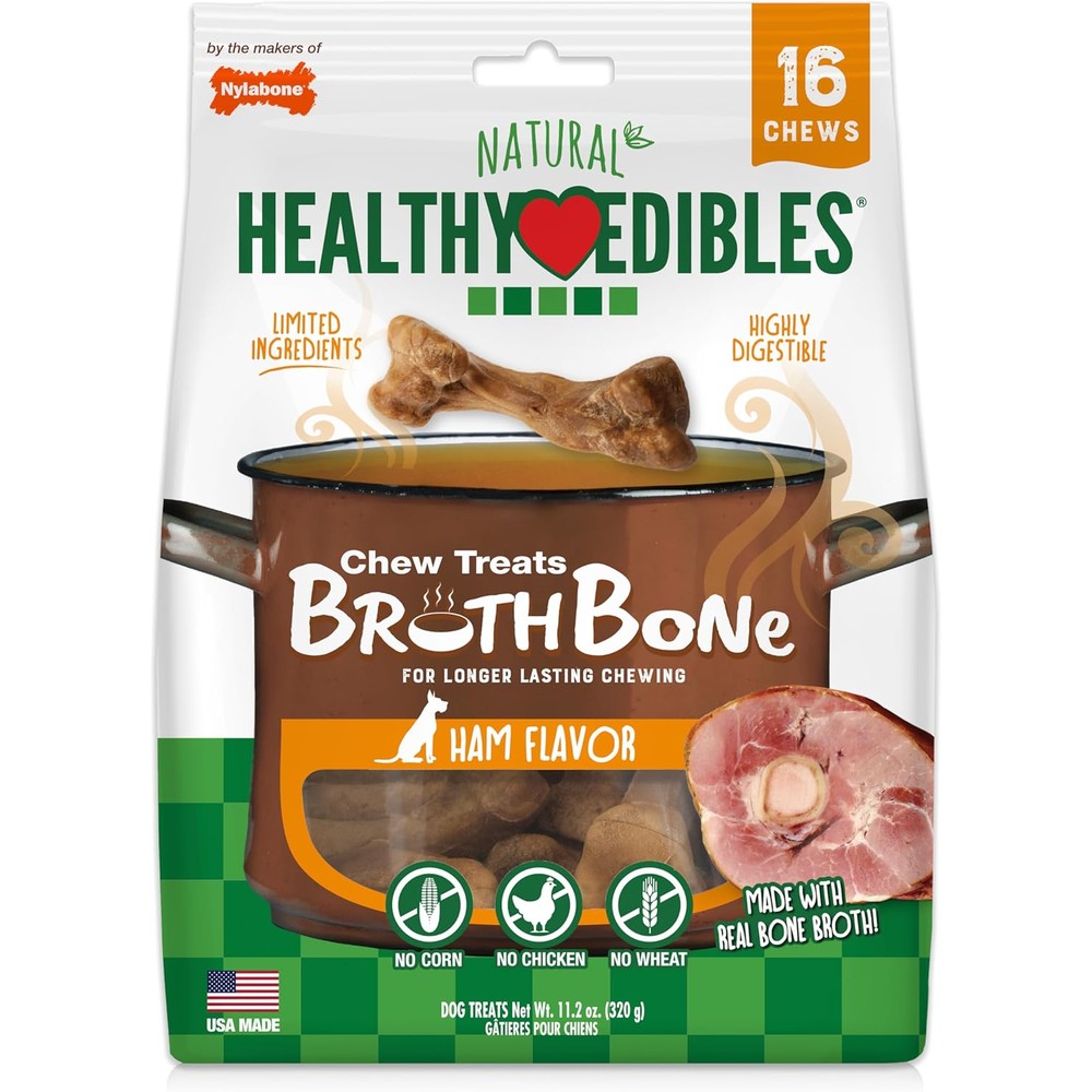 Nylabone Healthy Edibles Broth Bone Natural Dog Chews Ham Flavor Small Regular Up To 25 Pounds 16 Count