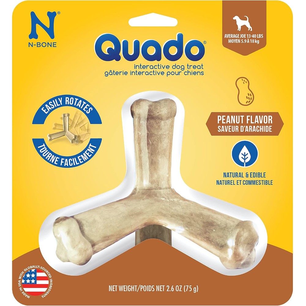 N-Bone Quado Interactive Peanut Flavor Dog Chew Treat All Natural Wheat Free Edible Dental Bone For Medium Breed Dogs 2.6 Ounce