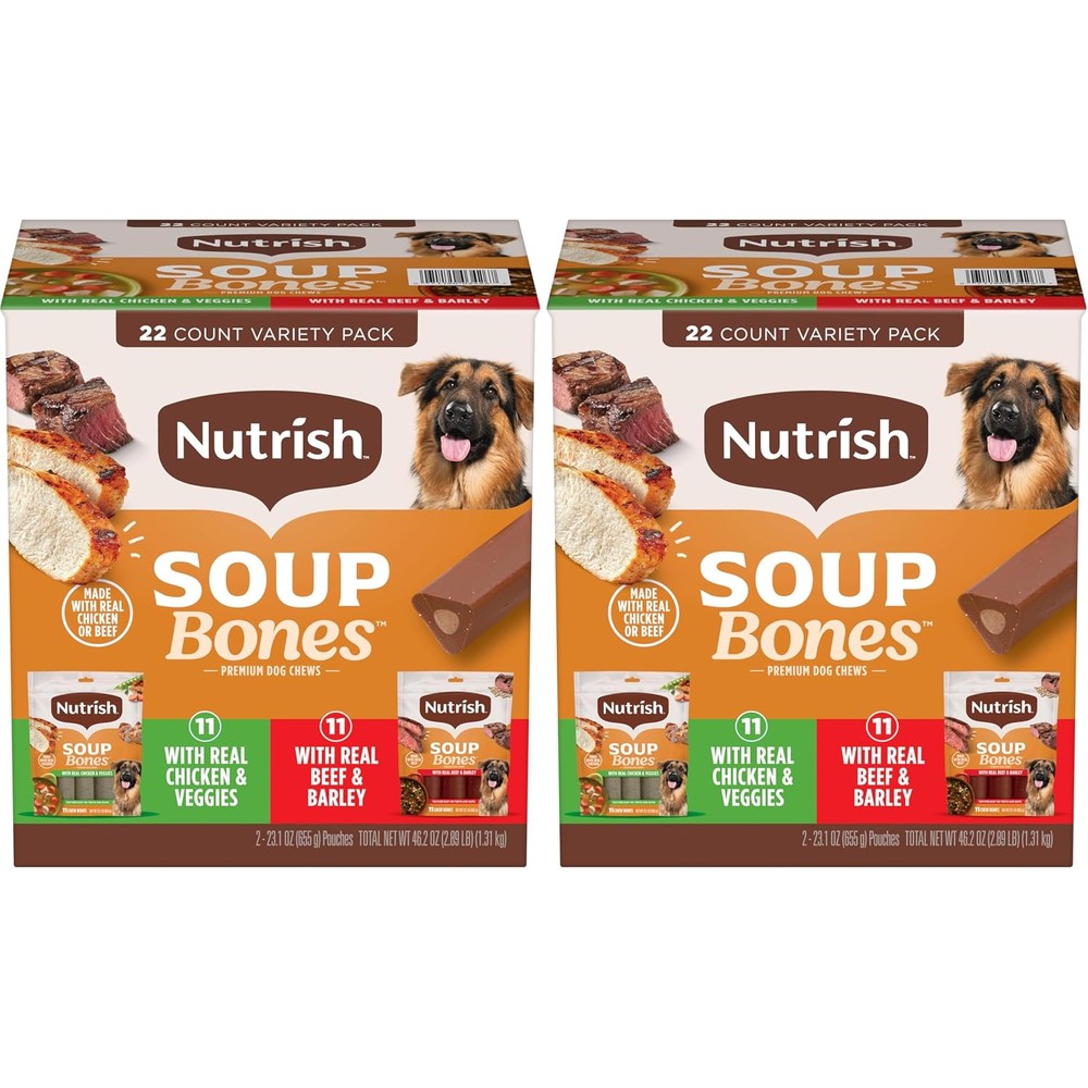 Rachael Ray Nutrish Soup Bones Long Lasting Dog Chews Variety Pack Real Beef Barley And Real Chicken Veggies Flavor 22 Count Pack Of 2