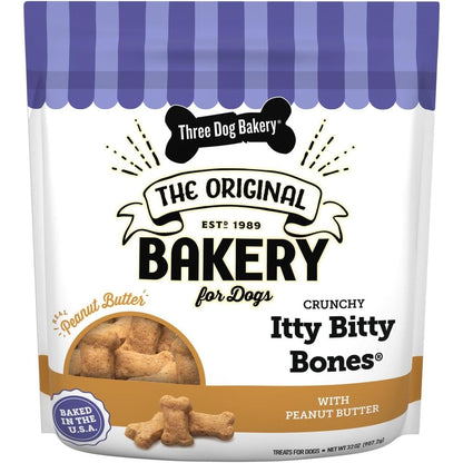 Three Dog Bakery Itty Bitty Bones Miniatures Peanut Butter Flavor Oven Baked Crunchy Dog Training Treats For Puppies And Adult Dogs 32 Ounce