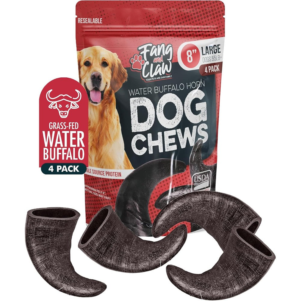 Fang And Claw 4 Pack Water Buffalo Horns For Dogs Large 8 Inch Natural Antler And Rawhide Alternative Long Lasting Single Source Grass Fed Dog Chew