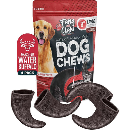 Fang And Claw 4 Pack Water Buffalo Horns For Dogs Large 8 Inch Natural Antler And Rawhide Alternative Long Lasting Single Source Grass Fed Dog Chew