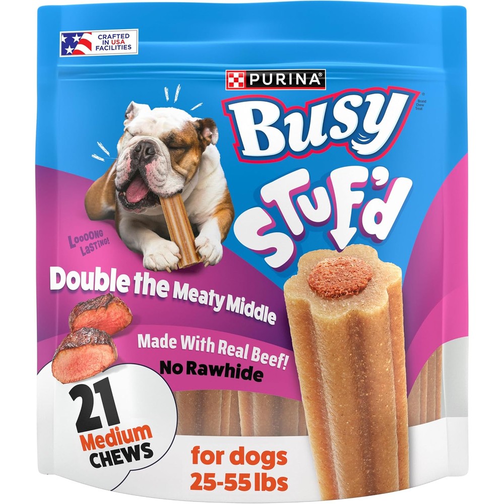 Busy Stuf'd Medium Long Lasting Dog Chews With Real Beef, 21 Count Pouch, Authentic USA Imported Dog Treats