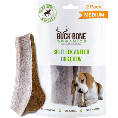 Buck Bone Organics Dog Chews Premium Natural Elk Antlers Durable Bones For Aggressive Chewers Medium 2 Pack