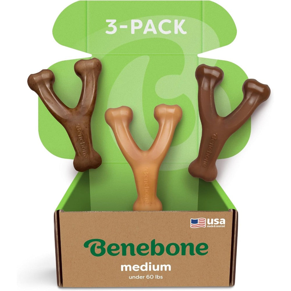 Benebone Medium Wishbone Durable Dog Chew Toy 3-Pack Variety For Aggressive Chewers With Real Bacon Chicken And Peanut Butter Flavor