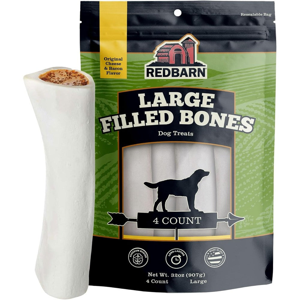 Redbarn Pet Products Large Filled Dog Bones Cheese And Bacon Flavor Long Lasting Stuffed Femur Chew Treat 4 Count