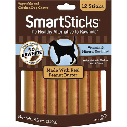 SmartBones SmartSticks With Real Peanut Butter 12 Count Rawhide Free Chews For Dogs Formulated With Vitamins And Minerals