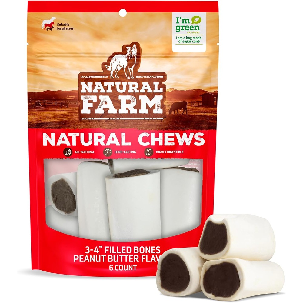 Natural Farm Peanut Butter Filled Bones 3-4 Inch 6 Count Natural Stuffed Dental Dog Bone Treats Made With Real Beef