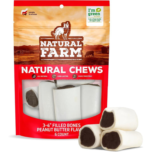 Natural Farm Peanut Butter Filled Bones 3-4 Inch 6 Count Natural Stuffed Dental Dog Bone Treats Made With Real Beef