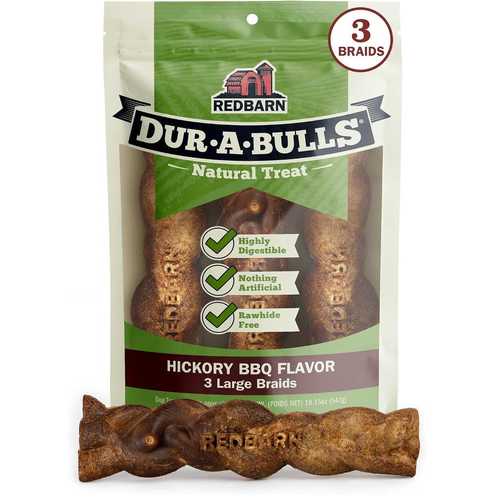 Redbarn Natural Dur-A-Bulls Treats For Dogs 3 Large Braids Hickory Flavor Made In Usa Long Lasting Edible Rawhide Free Dental Chew