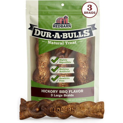 Redbarn Natural Dur-A-Bulls Treats For Dogs 3 Large Braids Hickory Flavor Made In Usa Long Lasting Edible Rawhide Free Dental Chew