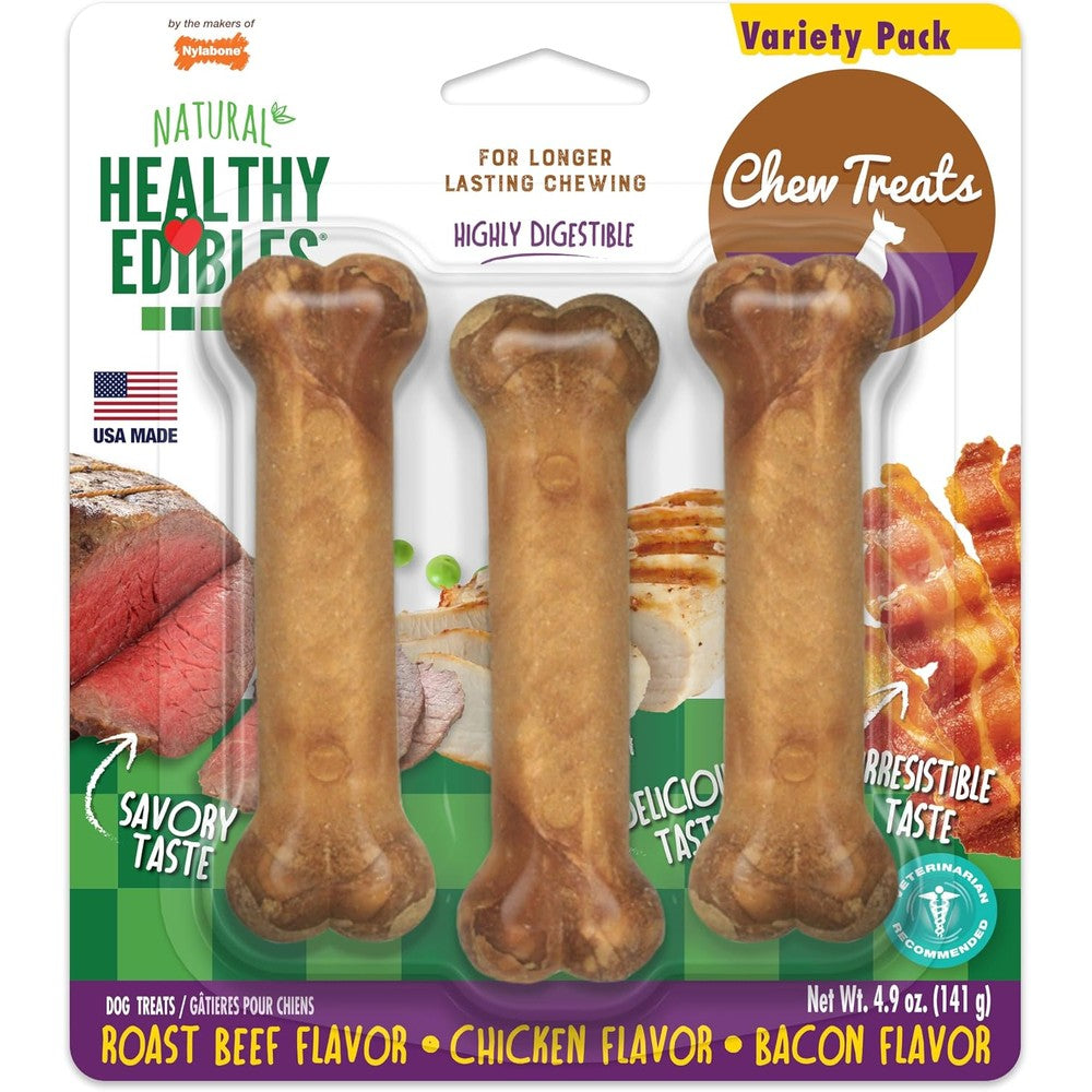 Nylabone Healthy Edibles Natural Dog Chews Long Lasting Variety Pack Roast Beef Chicken And Bacon Flavor Dog Treats Small 3 Count