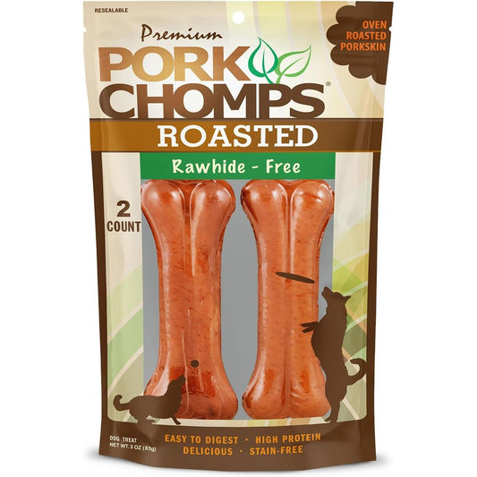 Pork Chomps Roasted Pressed Pork Skin Dog Chews Rawhide Free Baked Pig Skin Bones For Small And Medium Dogs 4.5 Inch 2 Count