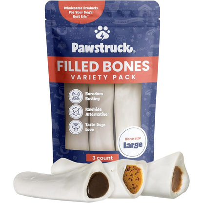 Pawstruck Large 5-6 Inch Filled Dog Bones Variety Pack Peanut Butter Cheese And Bacon Beef Flavors For Aggressive Chewers Pack Of 3