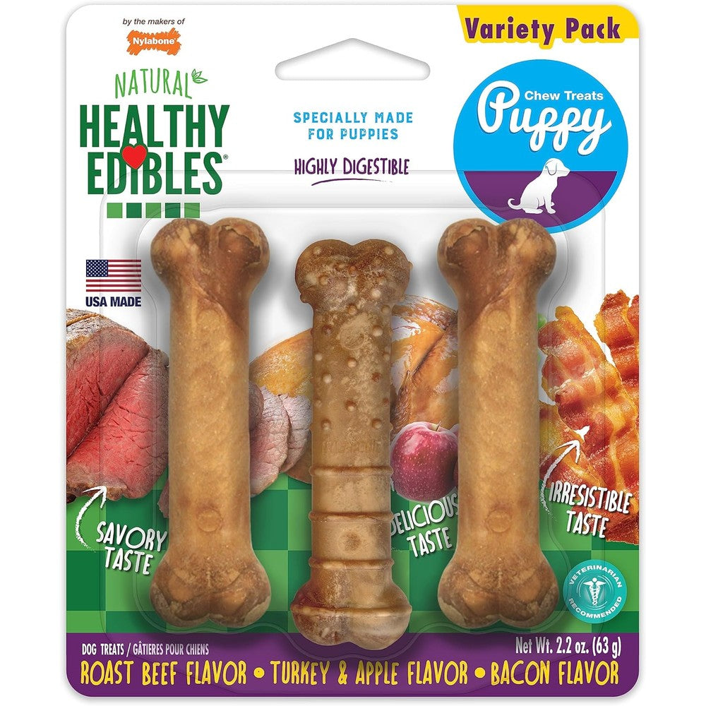 Nylabone Healthy Edibles Natural Puppy Starter Kit Long Lasting Chew Treats Roast Beef Apple And Bacon Flavor 3 Count X-Small Petite Size