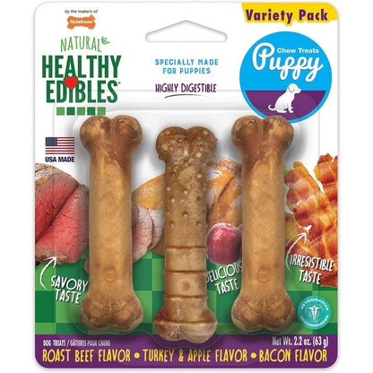Nylabone Healthy Edibles Natural Puppy Starter Kit Long Lasting Chew Treats Roast Beef Apple And Bacon Flavor 3 Count X-Small Petite Size