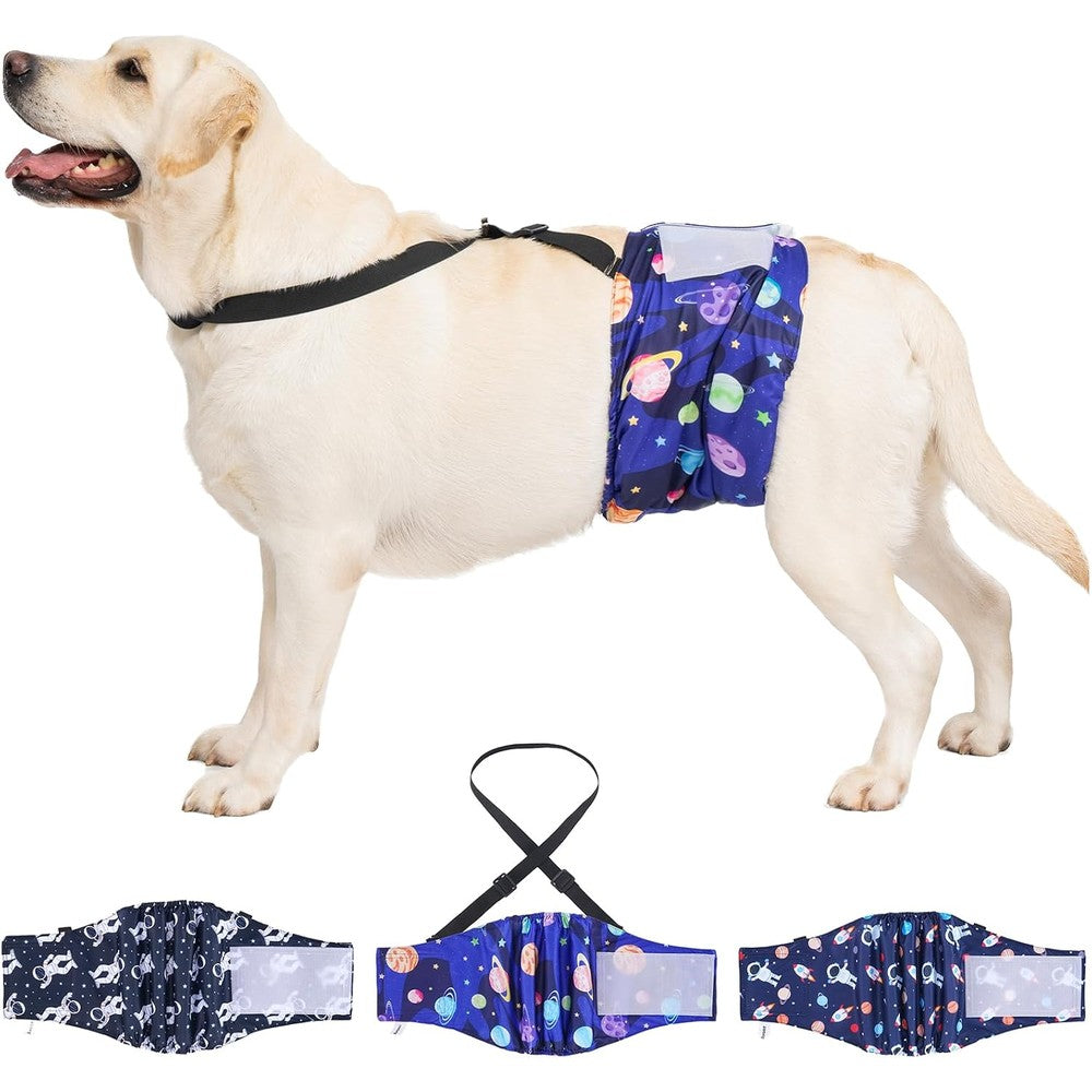 Avont Male Dog Belly Bands Diapers With Detachable Suspender Reusable Washable Boy Doggie Pee Wraps Space Theme Size Medium Pack Of 3
